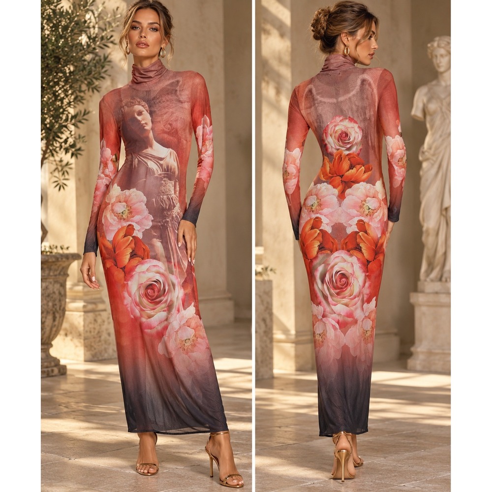 AFRM Renaissance Statue Floral Mesh Maxi Dress Turtleneck Long Sleeve Terracotta